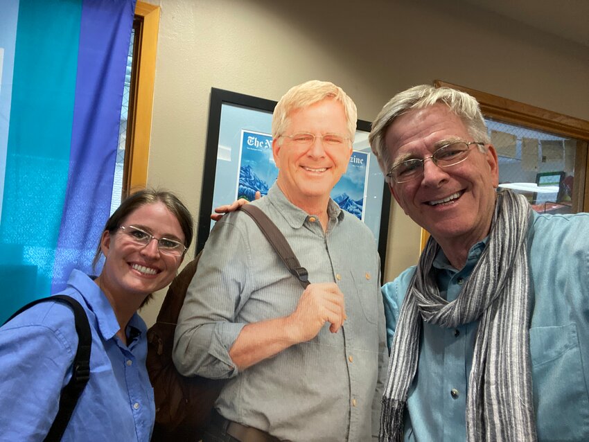 Washington Post reporter Natalie Compton dressed as Rick Steves for his interview with the Edmonds icon.