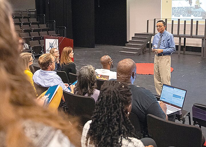 Edmonds College President Amit B. Singh addresses TEDx speakers during a training session July 24.