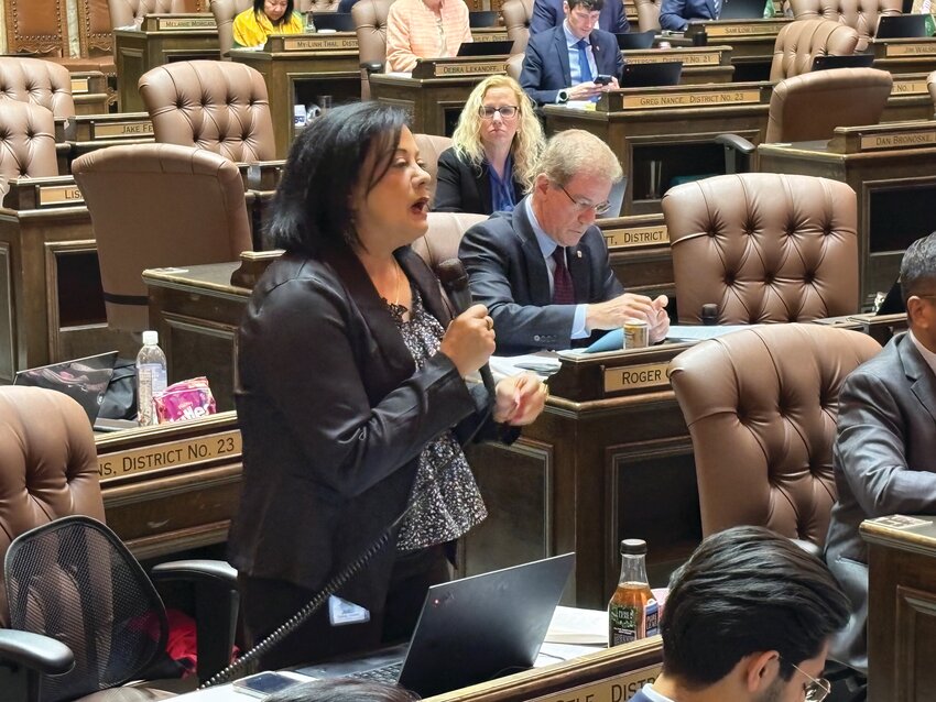 Rep. Lillian Ortiz-Self (D-Mukilteo) argues for House Bill 1232 during a long argument on March 7. She said she hopes 1232 will help living conditions and improve mental health support at the immigration detention center in Tacoma. (Photo courtesy by Taylor Richmond/Washington State Journal)