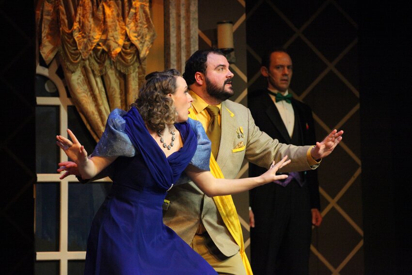 Nicole Roundy (Mrs. Peacock), Doug Harkness (Colonel Mustard), and Royce Napolitino (Mr. Boddy) in EDP's 'Clue – The Musical." (Photo courtesy Dale Sutton)