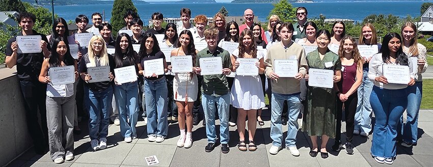 Kamiak, Mariner, and Cascade high school students gather after the Rotary Club of South Everett/Mukilteo’s 2025 scholarship presentation luncheon June 5 at Rosehill Community Center.