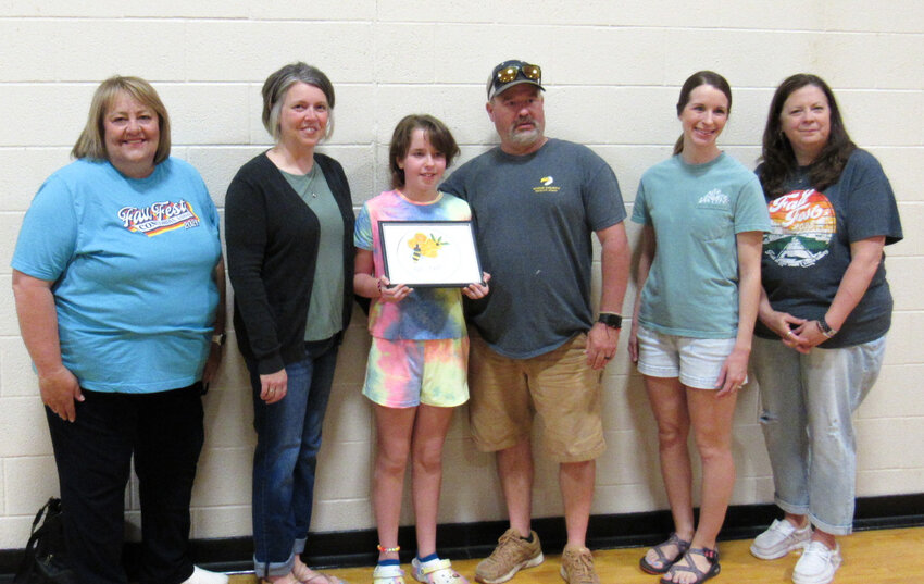 On Thursday, May 15, the Concordia Chamber of Commerce announced this year’s Fall Fest logo, Grand Marshal and Junior Grand Marshal. Scott and Mindy Condray are this year’s Fall Fest Grand Marshals. Fourth grader Sydney LeDuc’s drawing of a honey bee was picked for this year’s logo. Sydney is the daughter of Justin and Jamie LeDuc. From left: Annie Bergmann, executive director of the Chamber of Commerce; Jamie LeDuc; Sydney LeDuc, logo winner; Justin LeDuc; Ashley Long, Fall Fest Committee member; and Deb Lange, Fall Fest Committee member.