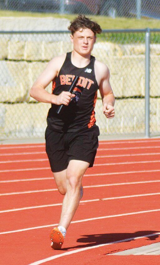 Brogan Monty runs a leg in the 4x800m relay race, for Beloit.