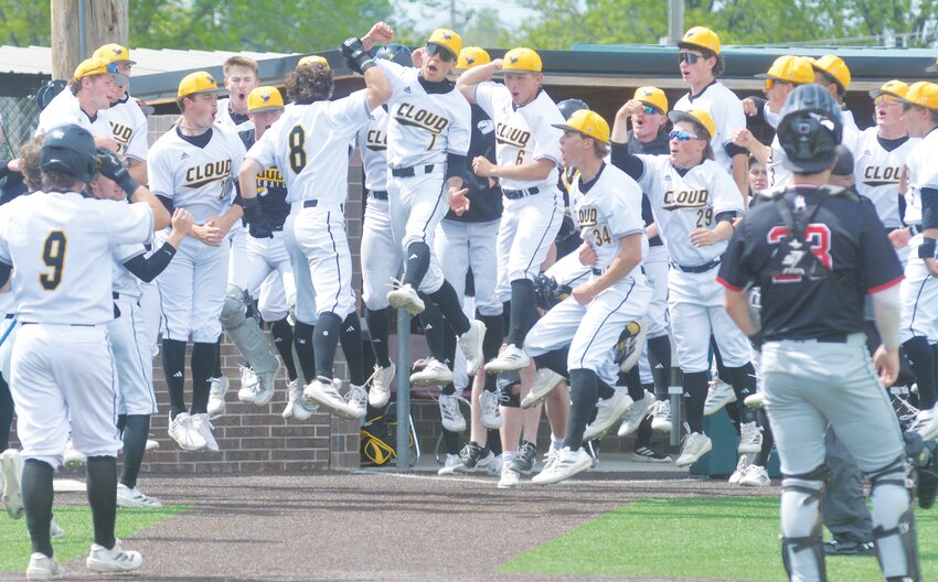 Cloud celebrating after Joey Marino (8) hit a home run in game one against Labette.