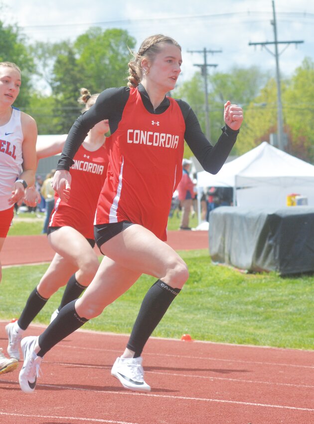 Concordia’s Airiana Wogomon (front) and Madalyn Bowers (back) at Beloit.