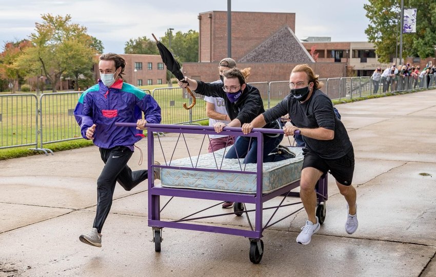 The pandemic may have altered much about Southwest Baptist University&rsquo;s homecoming, but it couldn&rsquo;t stop this tradition from rolling into 2020. Pictured here, students participate in an annual homecoming favorite, the bed races.