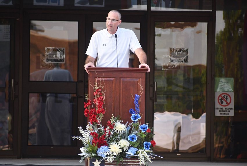 Bolivar&rsquo;s new superintendent Richard Asbill delivers a speech, honoring veterans during Celebration of Freedom 2021.&nbsp;