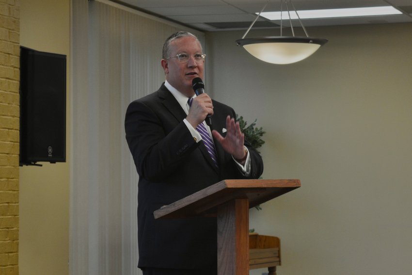 Southwest Baptist University&rsquo;s 26th president, Richard Melson, addresses the crowd of community members at September&rsquo;s president&rsquo;s breakfast.