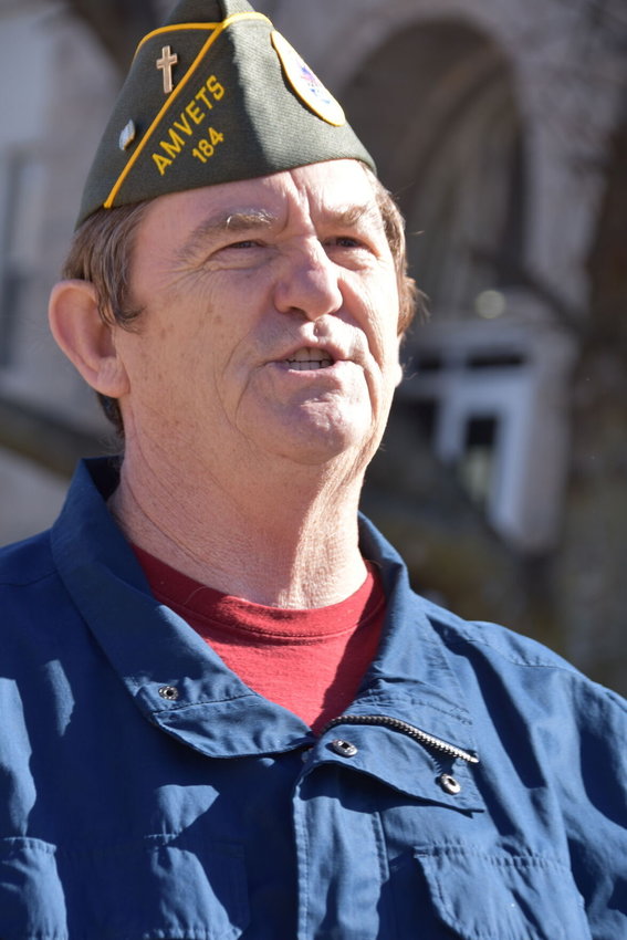 Veteran Gary Christopher with Bolivar&rsquo;s AmVet Post 184 speaks to the crowd gathered on the square during last year&rsquo;s Veterans Day ceremony.