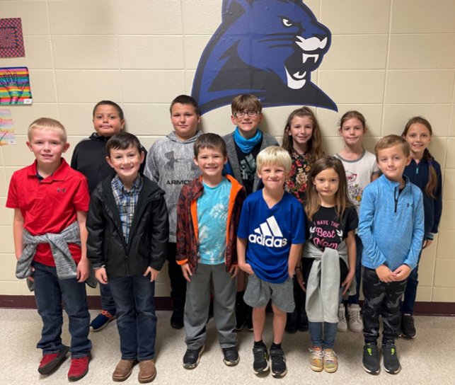 Elementary students of the month for October pose for a photo. Pictured are, from left, front row &mdash; Wyatt Sellers, Cade Presley, Preston Bolton, Caden Rodiger, Rylei Wright, Beau Gerleman; back row &mdash; Kaleb Andron, Cody Painter, Keegan Fargon, Paislee McKinney, Emerson Cutler and Eunicia Ungureanu.