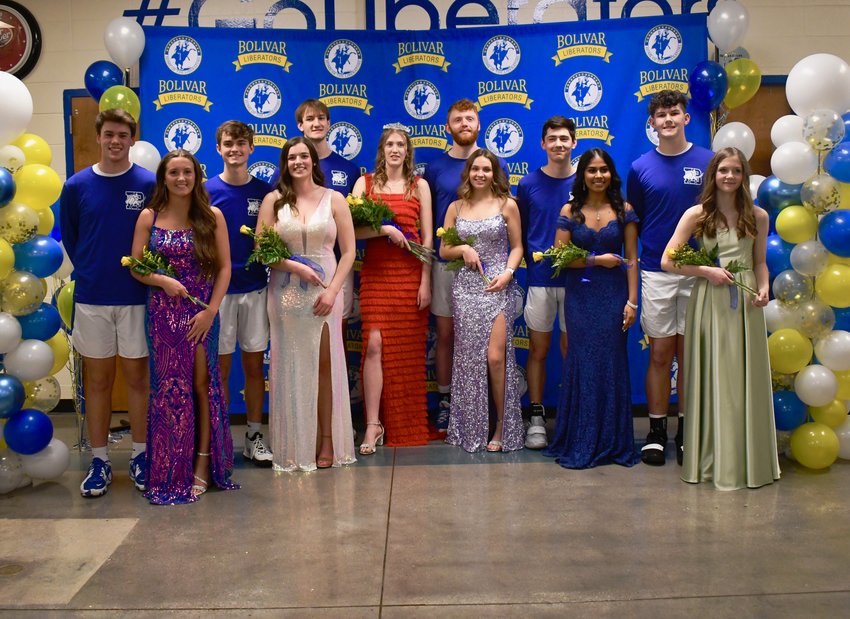 Pictured here is the Bolivar High School courtwarming court, including queen candidate Kalley Rooffener with escort Cooper Cribbs, queen candidate Audrey Graves with escort Aidan Mauck, queen Leonie Bodo with escort Lukas Gabani, junior class representative Sophie Vestal with escort Josh Bowes, sophomore class representative Siya Bhadu with escort Deacon Sharp, and freshman class representative Stella Scowden with escort Chase Kirby.