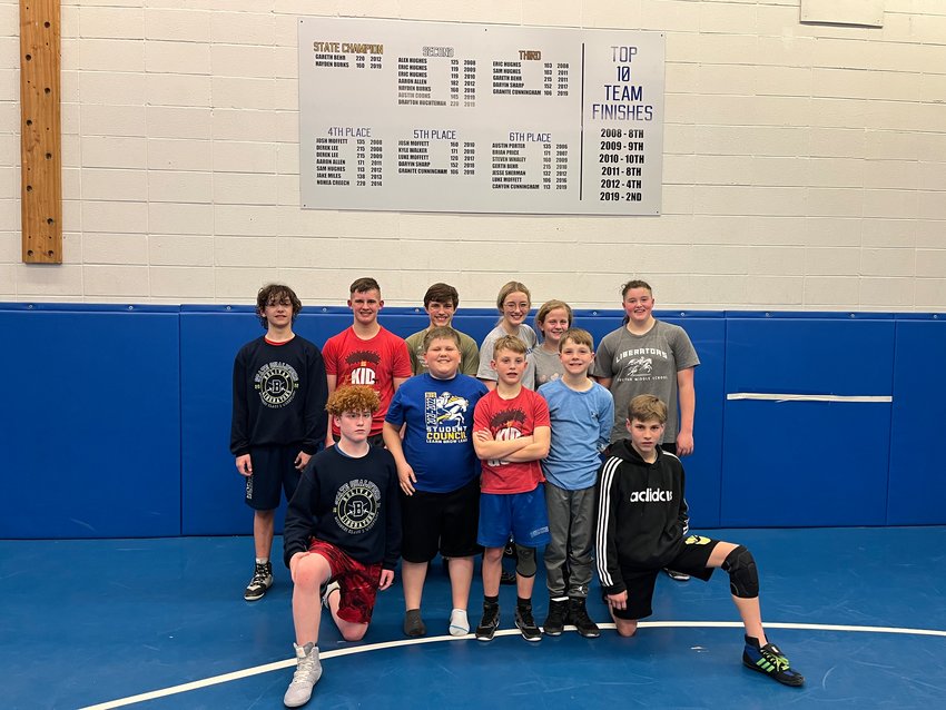 Eleven wrestlers with the Bolivar Youth Wrestling Club qualified to grapple at Missouri USA Wrestling state competition. Pictured are, row one, John Goff, Brayden Gooding, Finn McCullah, Collin Montgomery and Graham Hensley. Row two, Andrew Small, Owen McCullah, Cael McCurry, Sam Sanders, Paetyn Albright and Mariah Bolen.