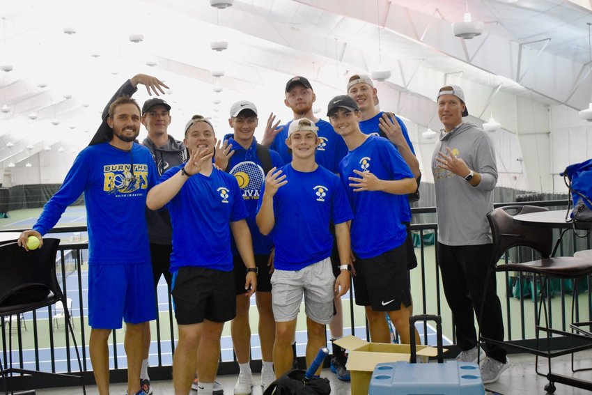 Members of last season&rsquo;s Bolivar High School boys tennis team pose for a photo after winning the state quarterfinals in May 2021.