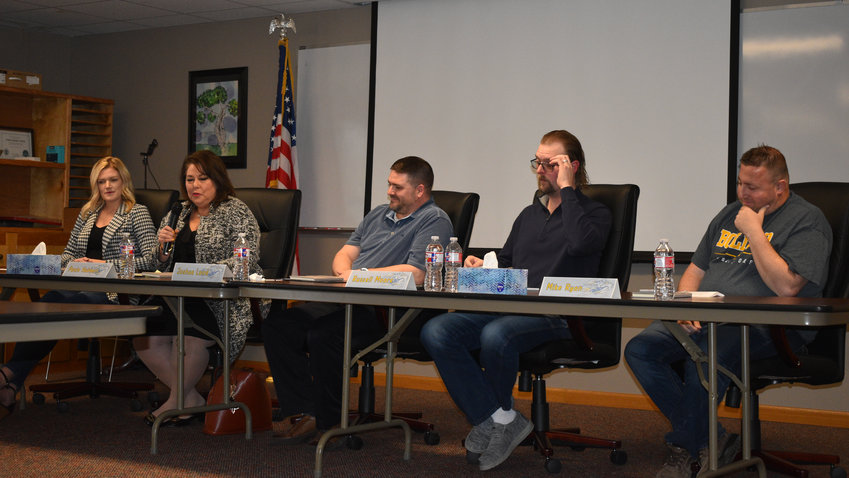 Candidates for the Bolivar R-1 school board, including Justine Conley, incumbent Paula Hubbert, Joshua Laird, Russell Moore and Mike Ryan, share information about themselves and answer questions at the district&rsquo;s candidate forum Tuesday, March 29.