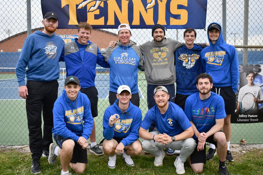 Seniors pose with their coaches on Tuesday, April 19, when they celebrate Senior Night.  First row, left to right, is  Zachary Liesen, Nathan McClellan, Lathan Martin and Trevor Dickenson. Second row, left to right, is Josh Bowes, Jonathan Skinkle, Coach Nathan Rothdiener, Coach Royce Bryan, Jeffrey Pastore and Aidan Mauck.