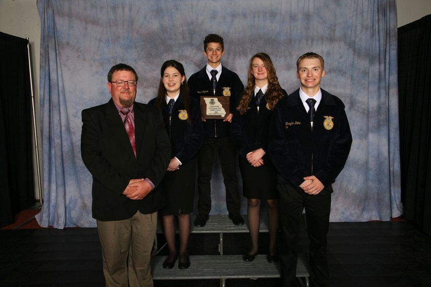 The Halfway FFA dairy foods team placed first in the state. Pictured are, from left, advisor Jeff Voris, Katie Howard, Isaac Ingram, Morea Spear and Brayden Doke.