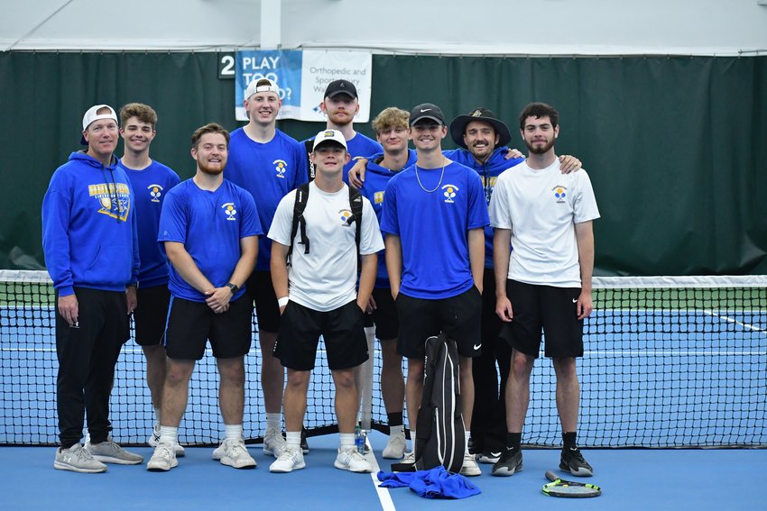 Bolivar&rsquo;s tennis team competed at the Ozark Conference tournament. Pictured are, front row, coach Nathan Rothdiener, Lathan Martin, Seth Martin, Aidan Mauck and Trevor Dickenson. Back row, Zachary Liesen, Kyle Pock, Josh Bowes, Nathan McClellen and coach Royce Bryan.