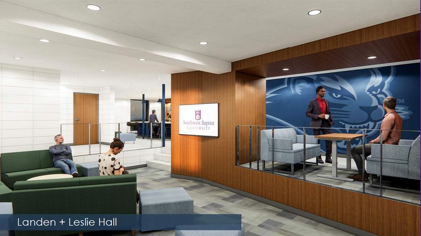 The current lobby space will be brighter and more inviting. Each lobby will include SBU branding, while retaining dorm branding, with one wall painted the residence hall&rsquo;s color with a Bearcat head logo overlay.