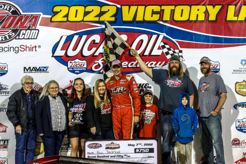 Pictured here is Kris Jackson, who made the decisive pass with six laps remaining Saturday night, capturing the Ozark Golf Cars USRA B-Mod feature at Lucas Oil Speedway.