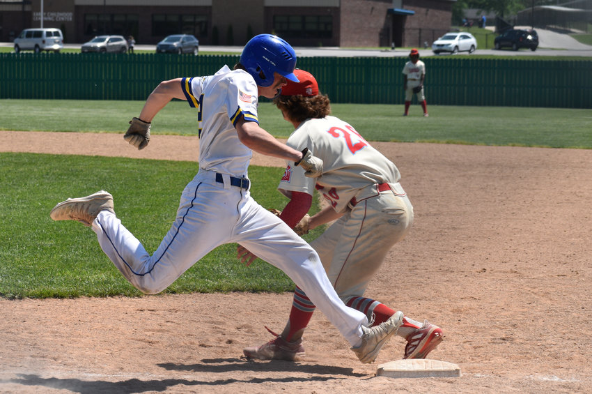 Junior Jake Banner beats a throw to first base in the Liberator&rsquo;s game against Glendale on Thursday, May 12.