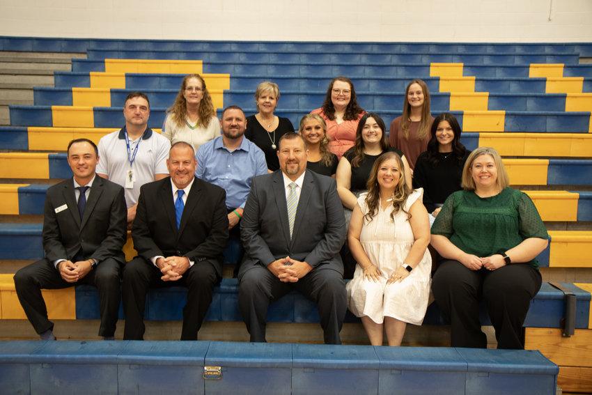 Bolivar High School, Front row (left-to-right): Landon Cornish, assistant principal; Tim Pezzetti, athletic director; Jason Blair, principal; Landee Nevills, counselor; Karla Goughnour, RootEd counselor. Middle row: Cory Casey, JAG specialist; Brian Winkler, speech/theater; Abigale Braley, girls PE teacher; Jordan Tapia, FACS instructor; Grace Shreckengost, FACS instructor. Back row: Peggy Laird, food service; Terri Lipe, food service; Patricia Aldrich, business/yearbook; Avery Ball, color guard.