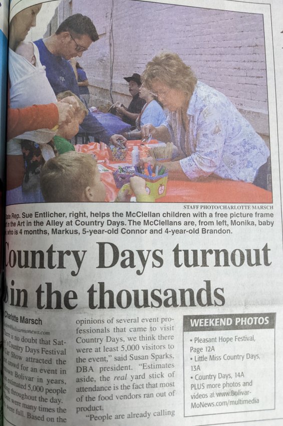 A flash back in time, this news article from Wednesday, Sept. 12, 2012 estimated over 5,000 people in attendance at Country Days. As one of Bolivar&rsquo;s most popular yearly events, Country Days is a time for people to enjoy the traditions and togetherness of community.