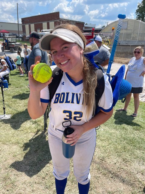 Lakyn Breesawitz with the game ball after hitting a home run in the game against Cassville at the MCE Tournament on Saturday, Aug. 27.