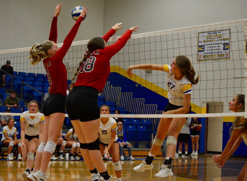 Cora Roweton spikes it over onto Buffalo&rsquo;s side, winning a point for her team.