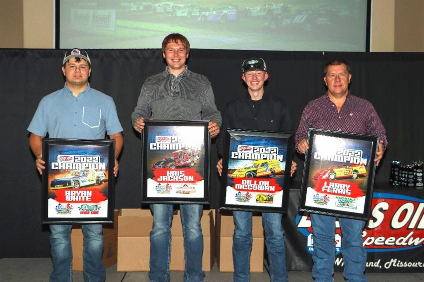 Lucas Oil Speedway track champions (left to right) Bryan White, Kris Jackson, Dillon McCowan and Larry Ferris receive their awards on Saturday night at Lucas Oil Speedway's postseason banquet.