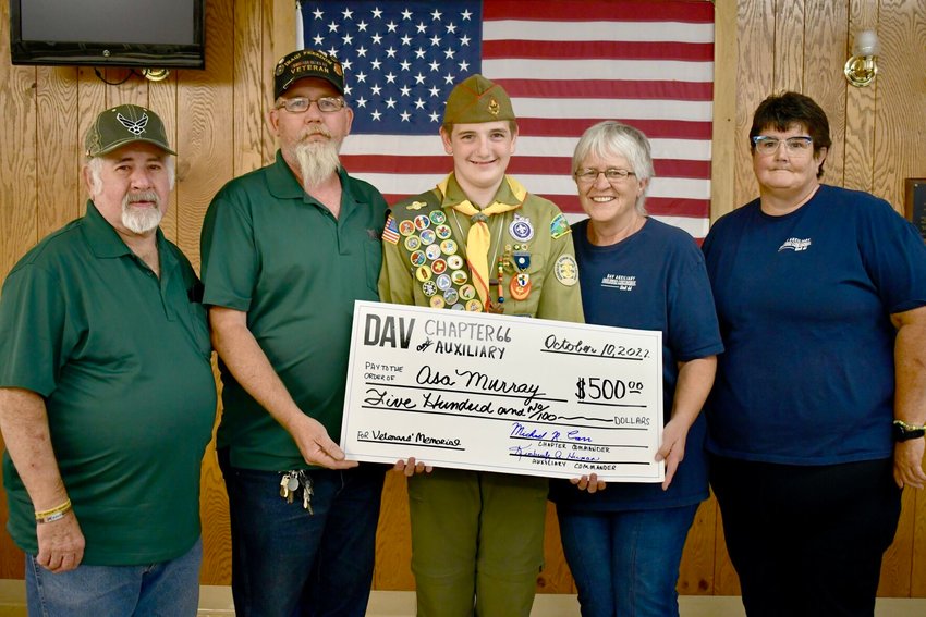 Pictured left to right: Vice Commander Pat Overmyer, Commander Michael Carr, Asa Murray, Commander Kim Human and Vice Commander Cheryl Star.