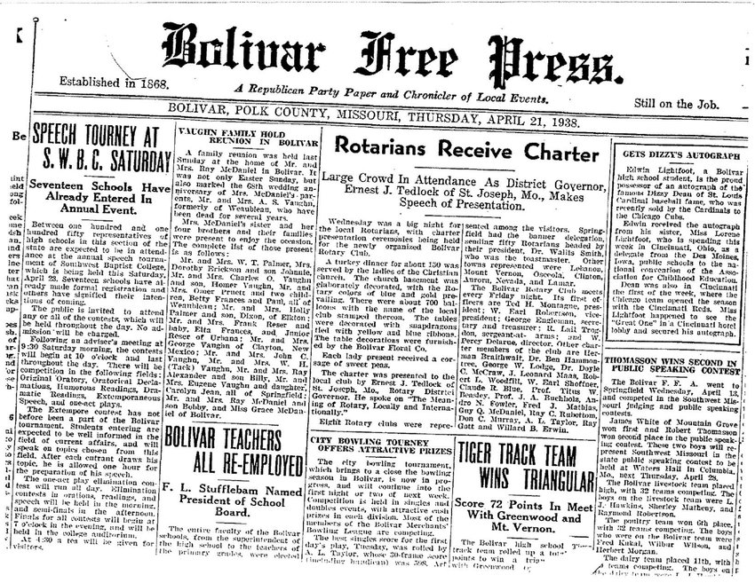 A look into the past, a Bolivar Free Press article from 1938 highlights the events at the charter ceremony for the Bolivar Rotary Club.