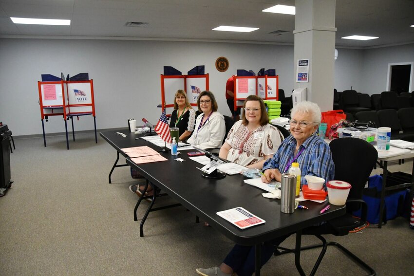 Workers were ready to distribute ballots at the polls during local elections on Tuesday, April 4. Pictured, left to right, are Vickie Culver, Diana Lower, Sarah Hatfield, and Mary Jane Hubbert.
