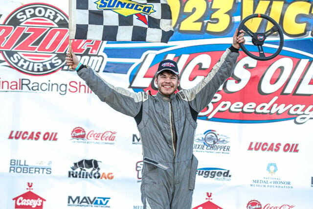 Mason Beck celebrated the feature win in the O'Reilly Auto Parts USRA Stock Cars feature on Saturday night at Lucas Oil Speedway.