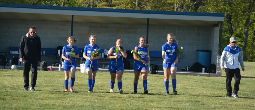 The Bolivar girls soccer team&rsquo;s seniors were celebrated during halftime. Left to right: Assistant Coach Jeff Edge, Taygen Morgan, Kayla Phipps, Jylee Tennison, Sophie Vestal, Brynley Waters, and Head Coach Steve Fast