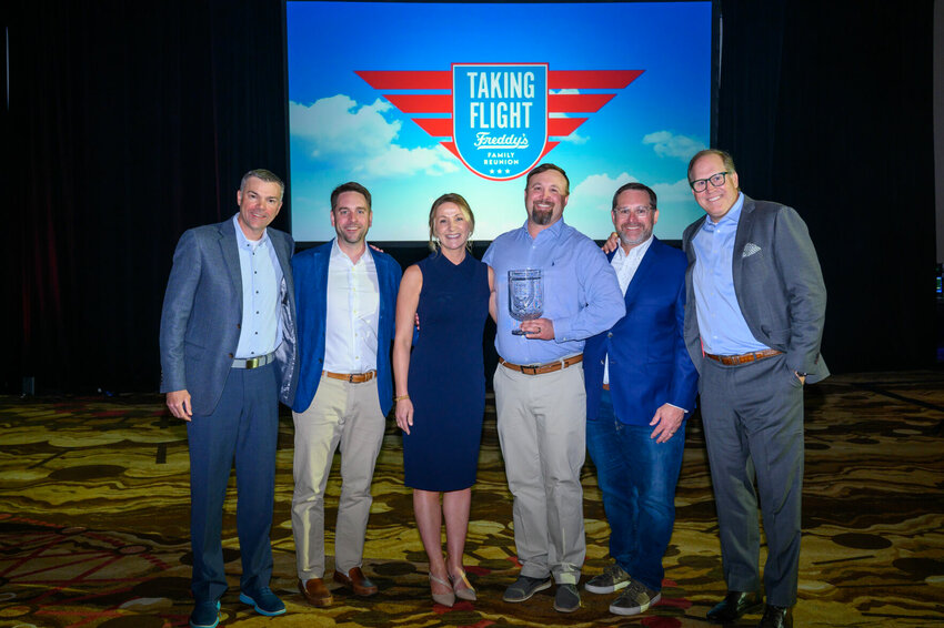 Pictured, from left to right, are Andrew Thengvall, CDO &amp;amp; CLO of Freddy&rsquo;s; Thomas Lovinger, franchise partner of Meyer Lovinger; Aimee Meyer, franchise partner of Meyer Lovinger; Jesse Meyer, franchise partner of Meyer Lovinger; Brian Wise, COO of Freddy&rsquo;s; and Chris Dull, President &amp;amp; CEO of Freddy&rsquo;s.