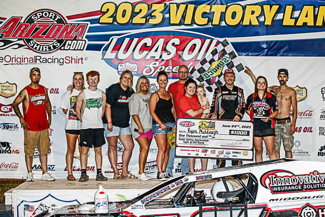 Cedar Creek Beef Jerky USRA Modified points leader Ryan Middaugh drove to the win in the headline feature Saturday night on Public Safety Appreciation Night at Lucas Oil Speedway.