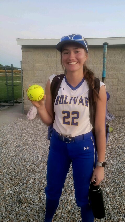 Lady Liberator Harper Rowell with her game ball after hitting a homerun in the 5th inning, as well as the first run scored of the night, against Rolla on Thursday, Aug. 31.   CONTRIBUTED PHOTO/JAYME ROWELL