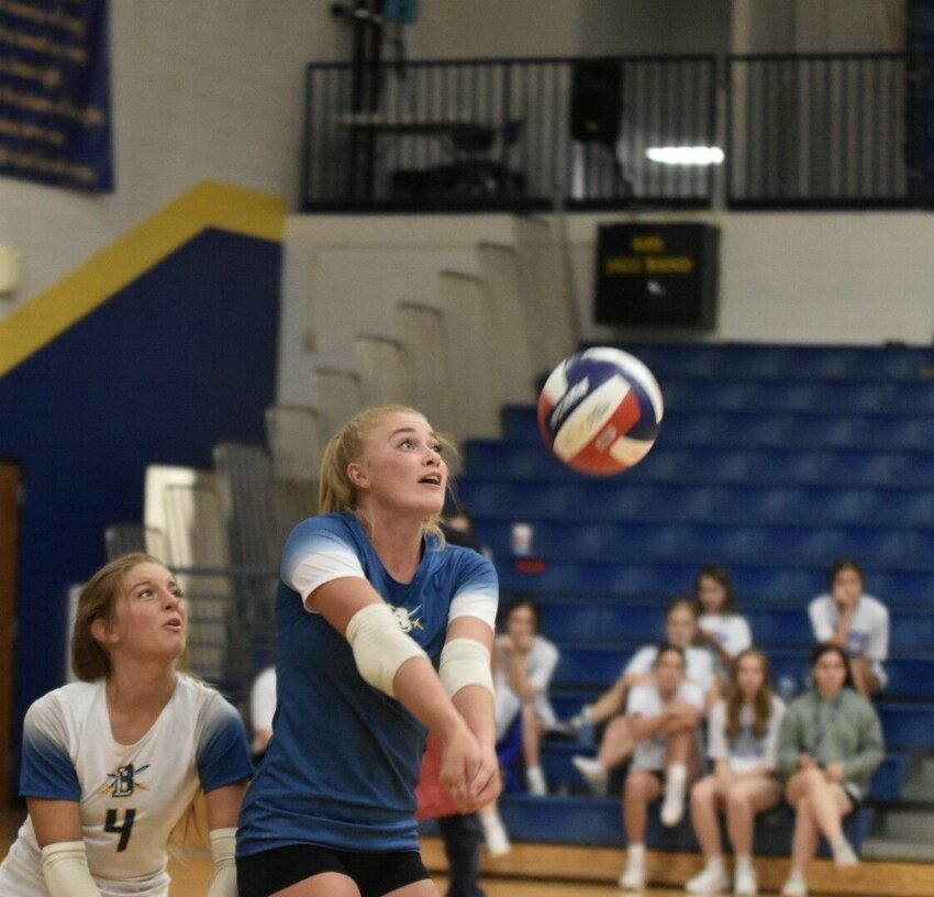 Lady Liberator Megan Howard #9, powers the ball back across to Nevada in one of the games on Thursday, Sept. 7.   STAFF PHOTO/MIKE KOOTZ