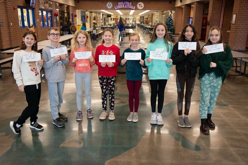 Left to Right: Fourth-grade, Hattie Wilson 3rd place, Frederick Romaine 1st place; third-grade; Harlee Gire 1st place, Everly Holt 2nd place, Paisley Lotz 3rd place, fifth-grade, Brooklyn Murray 3rd place, Charlize Soto 2nd Place, Audrey Lea Condon 1st place. Not Pictured: 4th grade, Aiden Nuttall 2nd place.   CONTRIBUTED PHOTO