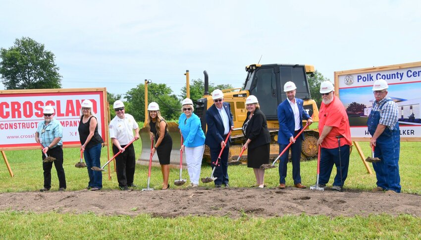 9-1-1 Board members and State Leaders breaking ground, pictured left to right; Rod Parks, Susan Sparks, Brent Watkins, Sarah Newell, First Lady Teresa Parson, Governor Mike Parson, Senator Sandy Crawford, Senator Lincoln Hough, Steve Bruce, and Rick Davis   STAFF PHOTO/LINDA SIMMONS