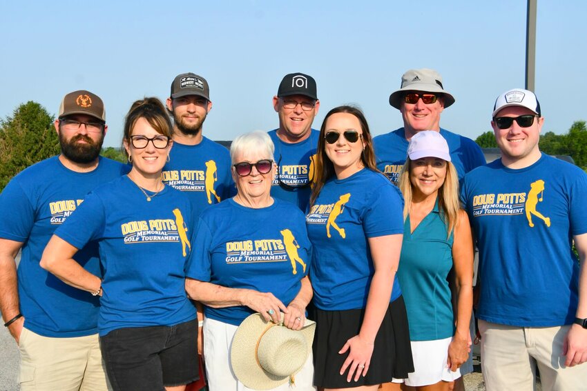 The family of Doug Potts was in full force at this year&rsquo;s tournament. (Front row, left to right: Jennifer (Potts) Randolph, Annie Potts, Lindsay (Randolph) Ledbetter, Paula Potts; Back row, left to right: Quinton Ledbetter, Landry Randolph, Jack Randolph, Brett Potts, Cooper Potts.)   STAFF PHOTO/LINDA SIMMONS