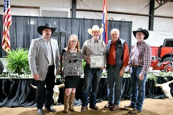 2024 recipient of the Cattleman of the Year award, Sam Hawk (center), is pictured with (from left to right) Matt Henenberg, Missouri Beef Days Board President; Mary Warden, 2024 Polk County Beef Queen; Former Missouri Governor Mike Parson; Ed Vest, President of Polk County Cattlemen Association.   CONTRIBUTED PHOTO