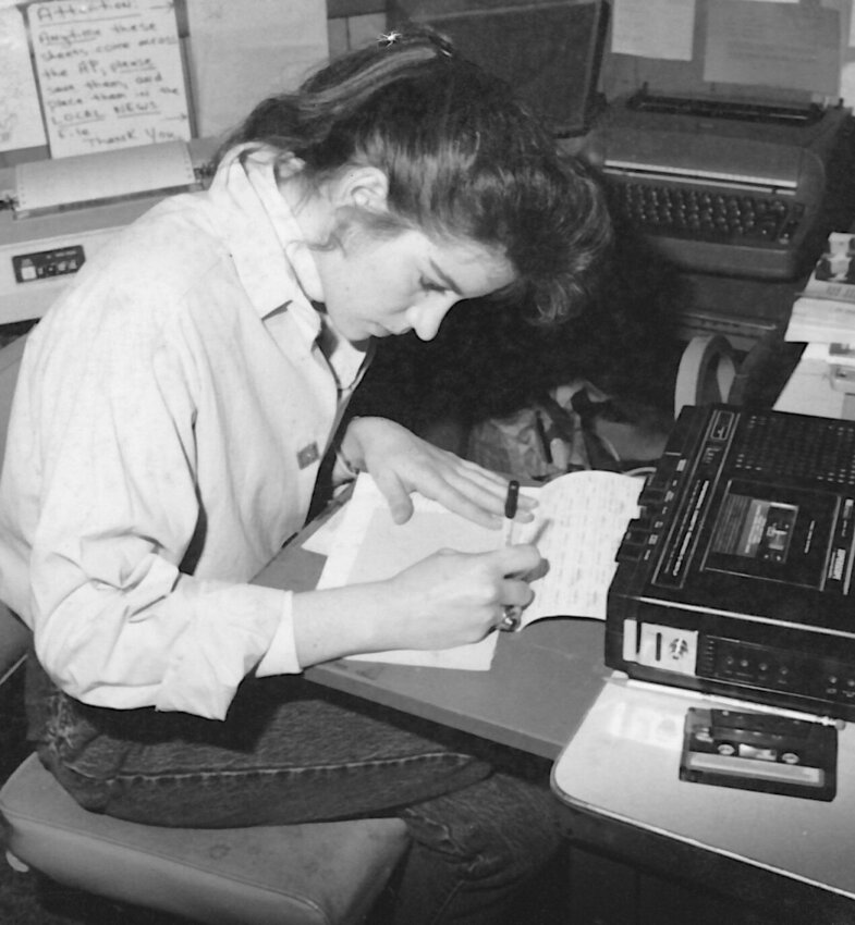 Angela as she is remembered, pictured while a high school student in a radio broadcasting class.