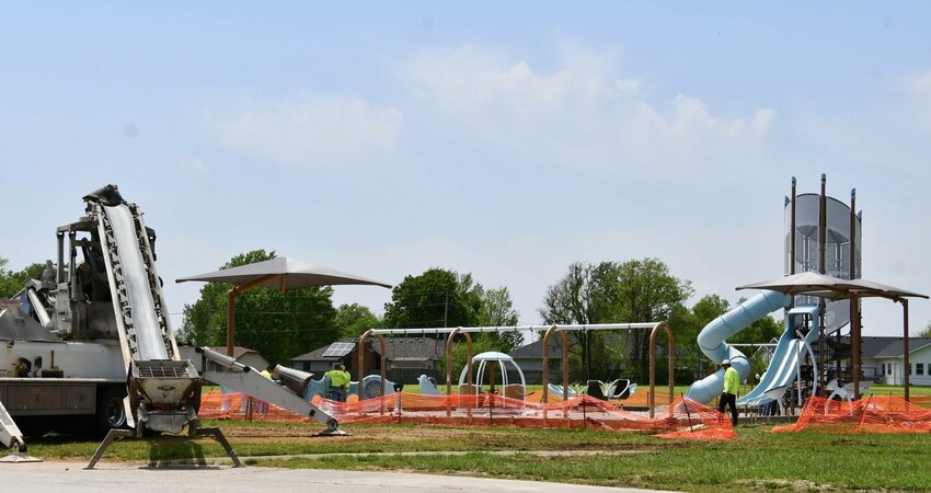 Monday, April 28, provided the perfect weather for the crew to make a lot of headway getting the new inclusive playground ready for the community.   STAFF PHOTO/LINDA SIMMONS