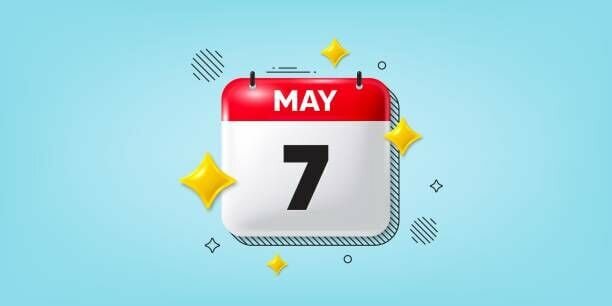 Calendar date of May 3d icon. 7th day of the month icon. Event schedule date. Meeting appointment time. 7th day of May. Calendar month date banner. Day or Monthly page. Vector