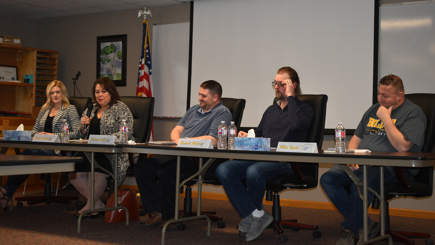 Candidates for the Bolivar R-1 school board, including Justine Conley, incumbent Paula Hubbert, Joshua Laird, Russell Moore and Mike Ryan, share information about themselves and answer questions at the district’s candidate forum Tuesday, March 29.