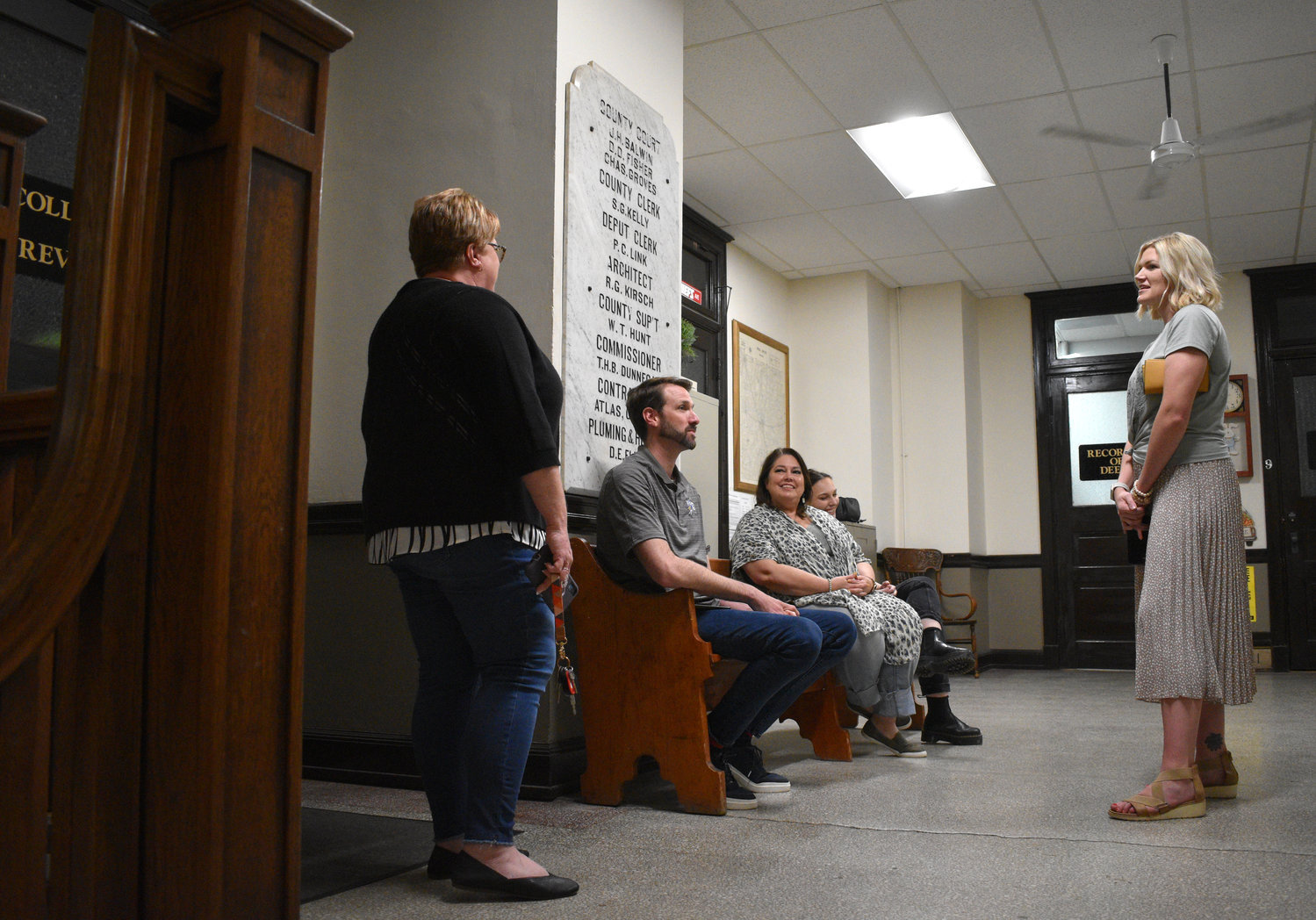From left, Bolivar R-1 school board members Keri Clayton and Kyle Lancaster, incumbent candidate Paula Hubbert, Francie Hubbert and candidate Justine Conley await election night results in Polk County Courthouse Tuesday, April 5.
