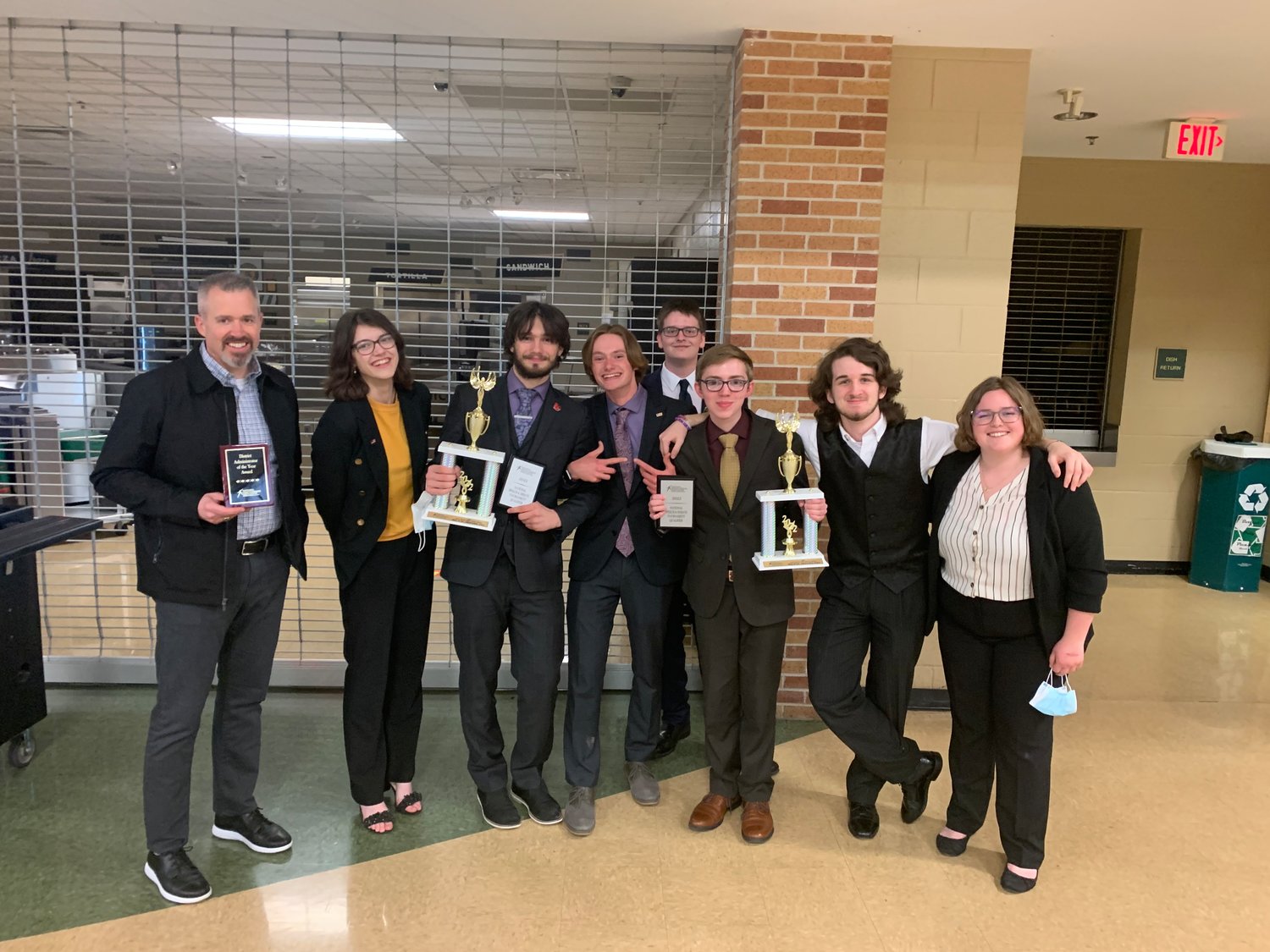 Pictured are, from left to right, BHS Principal David Geurin, Admin of the Year for the Ozark NSDA District, Avery Roweton (world schools qualifier), Jesse Fields (Congress), Sol Manis (Lincoln Douglas debate), Jacob Morgan (in the back, Congress), Jackson Cornell (Congress), Ben Gann (Lincoln Douglas), Paige Severns (informative speaking).