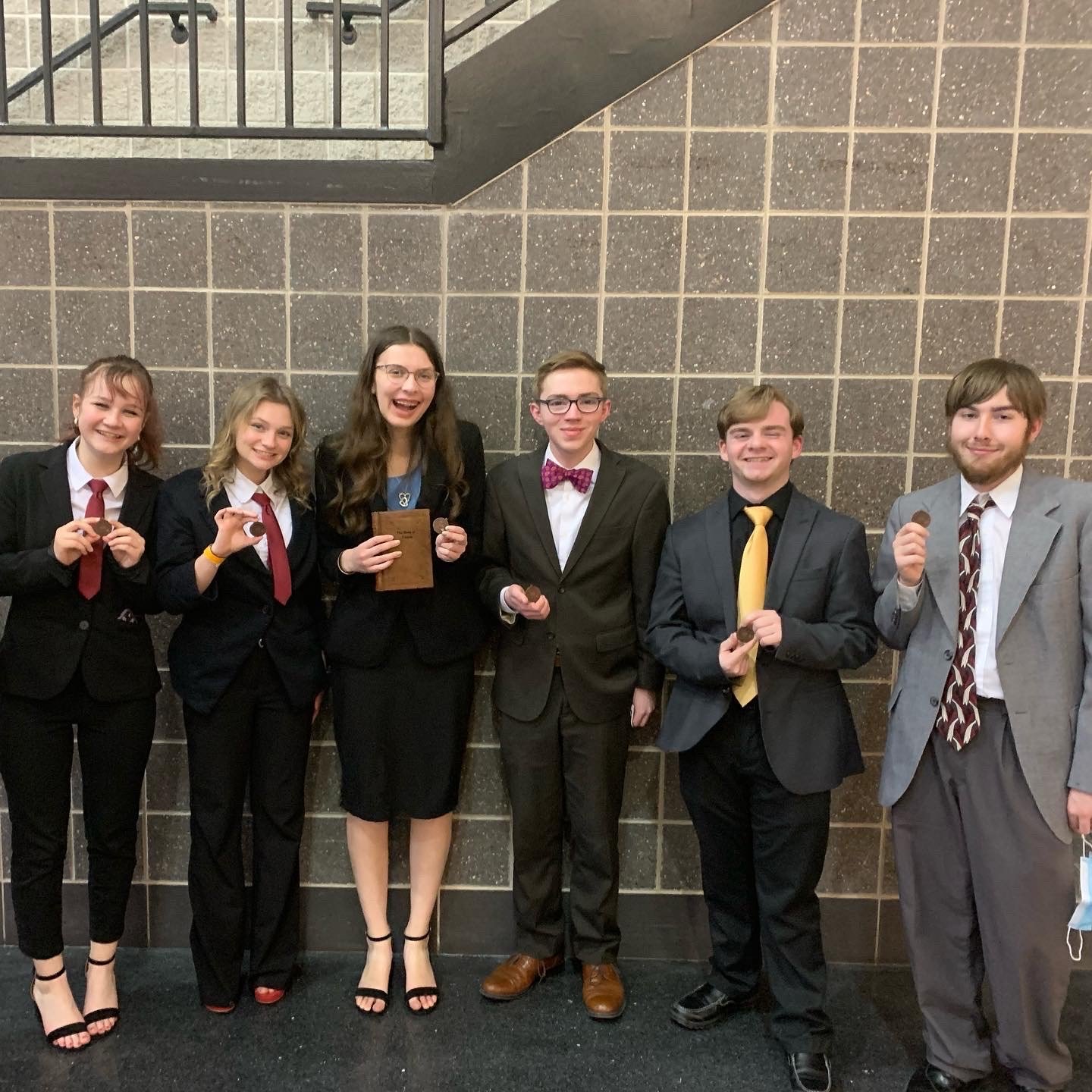 The following students competed in district finals. Pictured are, from left to right, Taygen Morgan and Kayla Phipps (duo interpretation), Rachel Marsch (storytelling), Jackson Cornell (original oratory), Robert Clark (radio speaking, state qualifier), and Tanner Wilson (U.S. extemporaneous speaking).