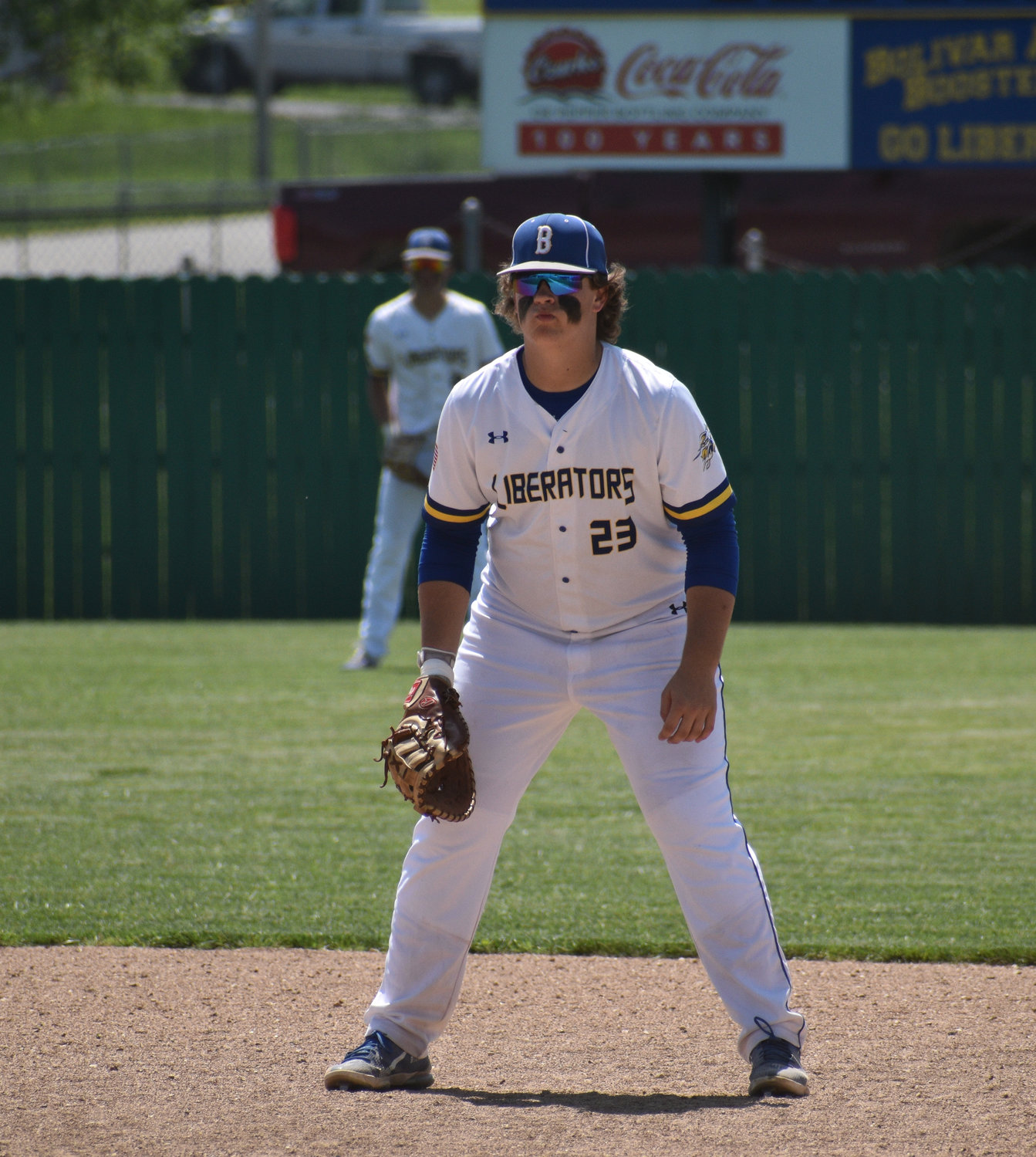 Freshman Garret Cook prepares for a play at first base.